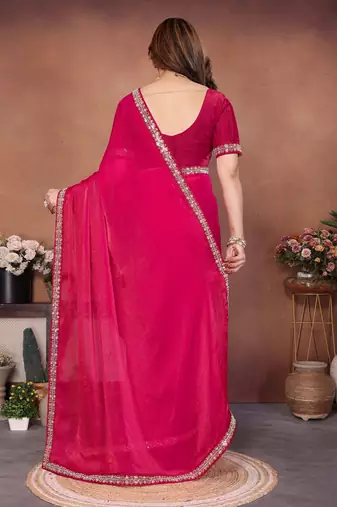 Winning pink fendy chiffon beads embroidery work lace border   saree with fendy chiffon blouse