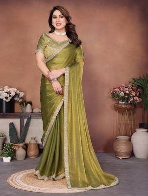 Pleasing mahendi fendy chiffon beads embroidery work lace border  saree with fendy chiffon blouse 1
