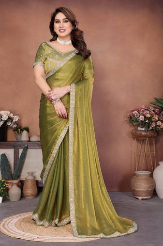 Pleasing mahendi fendy chiffon beads embroidery work lace border   saree with fendy chiffon blouse