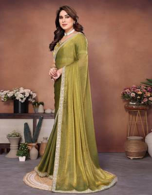 Pleasing mahendi fendy chiffon beads embroidery work lace border  saree with fendy chiffon blouse 3