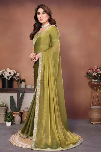 Pleasing mahendi fendy chiffon beads embroidery work lace border   saree with fendy chiffon blouse