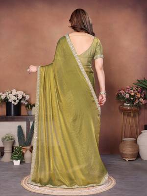 Pleasing mahendi fendy chiffon beads embroidery work lace border  saree with fendy chiffon blouse 4