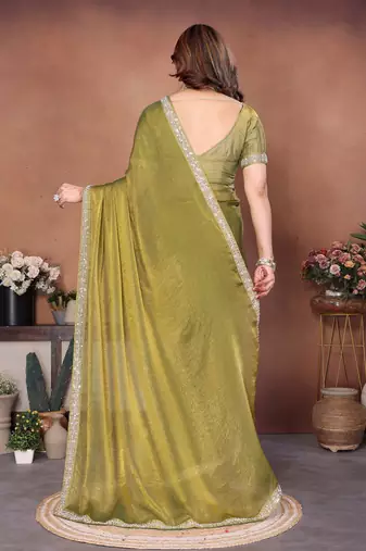 Pleasing mahendi fendy chiffon beads embroidery work lace border   saree with fendy chiffon blouse