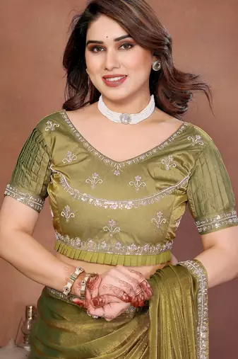 Pleasing mahendi fendy chiffon beads embroidery work lace border   saree with fendy chiffon blouse