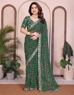 Pleasant green georgette bandhej print with cutwork lace border saree with mono banglory silk blouse 1
