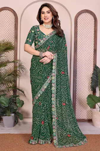 Pleasant green georgette bandhej print with cutwork lace border saree with mono banglory silk blouse