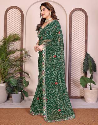Pleasant green georgette bandhej print with cutwork lace border saree with mono banglory silk blouse 4