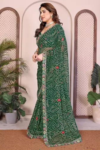 Pleasant green georgette bandhej print with cutwork lace border saree with mono banglory silk blouse