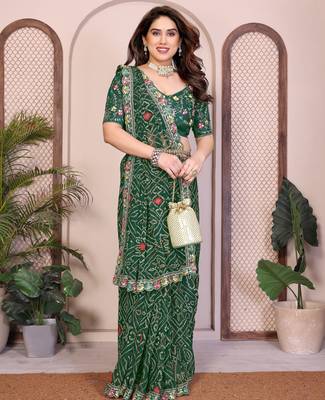 Pleasant green georgette bandhej print with cutwork lace border saree with mono banglory silk blouse 5