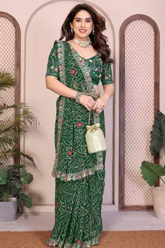 Pleasant green georgette bandhej print with cutwork lace border saree with mono banglory silk blouse