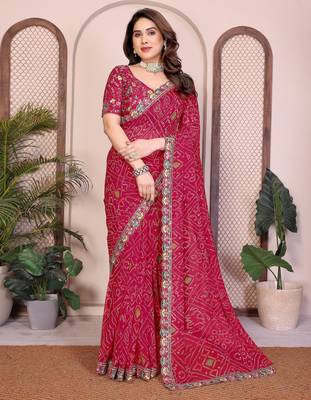 Agreeable pink georgette bandhej print with cutwork lace border saree with mono banglory silk blouse 1