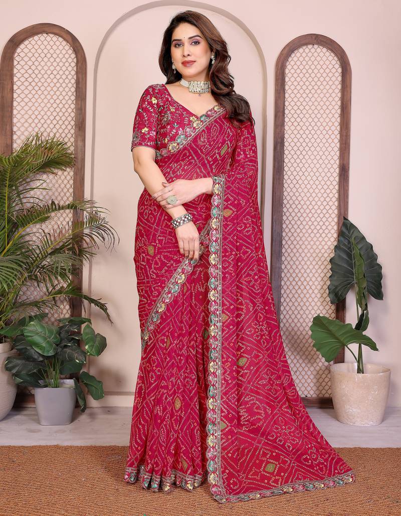 Agreeable pink georgette bandhej print with cutwork lace border saree with mono banglory silk blouse