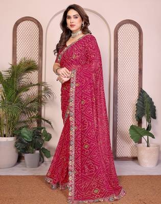 Agreeable pink georgette bandhej print with cutwork lace border saree with mono banglory silk blouse 3