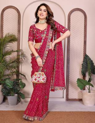 Agreeable pink georgette bandhej print with cutwork lace border saree with mono banglory silk blouse 4