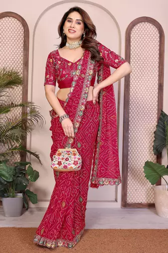 Agreeable pink georgette bandhej print with cutwork lace border saree with mono banglory silk blouse