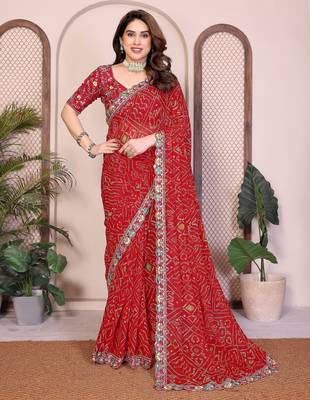 Endearing red georgette bandhej print with cutwork lace border saree with mono banglory silk blouse 1