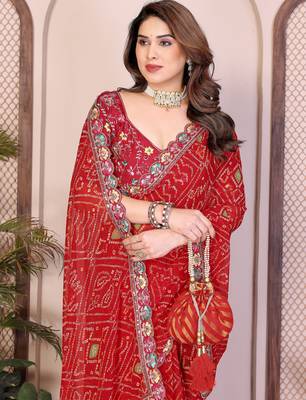 Endearing red georgette bandhej print with cutwork lace border saree with mono banglory silk blouse 2
