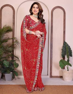 Endearing red georgette bandhej print with cutwork lace border saree with mono banglory silk blouse 3