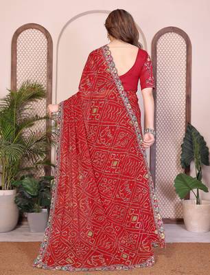 Endearing red georgette bandhej print with cutwork lace border saree with mono banglory silk blouse 5