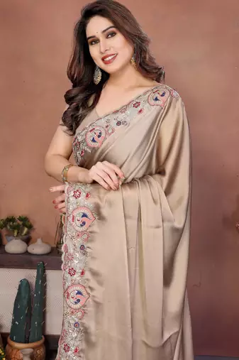 Lovely golden beige rangoli silk embroidery multy sequence work saree with mono banglory silk blouse