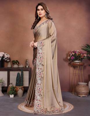 Lovely golden beige rangoli silk embroidery multy sequence work saree with mono banglory silk blouse 3