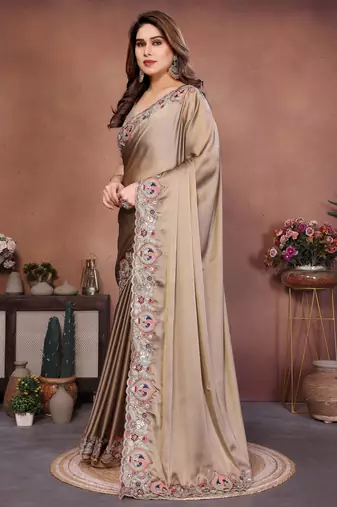 Lovely golden beige rangoli silk embroidery multy sequence work saree with mono banglory silk blouse