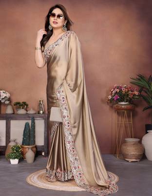 Lovely golden beige rangoli silk embroidery multy sequence work saree with mono banglory silk blouse 4