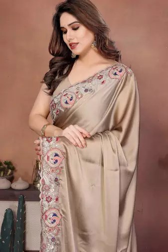 Lovely golden beige rangoli silk embroidery multy sequence work saree with mono banglory silk blouse