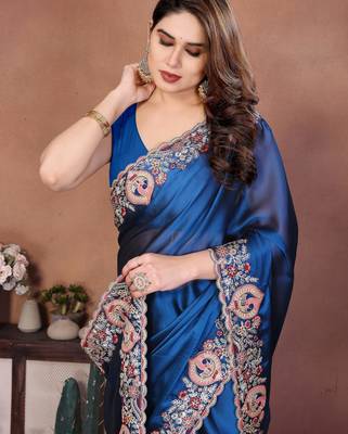 Lovable teal blue rangoli silk embroidery multy sequence work saree with mono banglory silk blouse 2