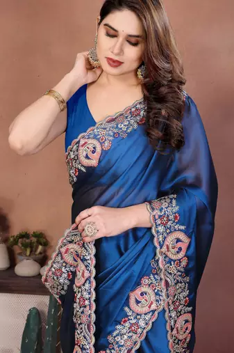 Lovable teal blue rangoli silk embroidery multy sequence work saree with mono banglory silk blouse