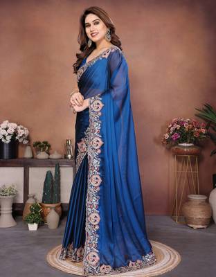Lovable teal blue rangoli silk embroidery multy sequence work saree with mono banglory silk blouse 3