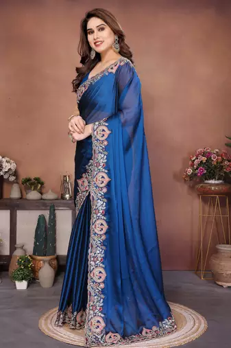 Lovable teal blue rangoli silk embroidery multy sequence work saree with mono banglory silk blouse