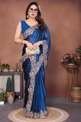 Lovable teal blue rangoli silk embroidery multy sequence work saree with mono banglory silk blouse