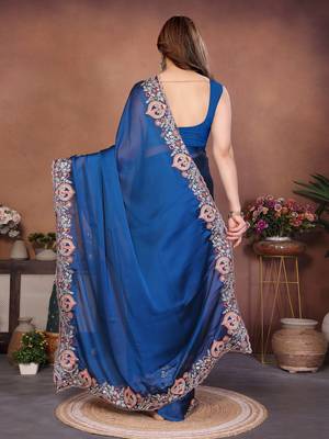 Lovable teal blue rangoli silk embroidery multy sequence work saree with mono banglory silk blouse 5