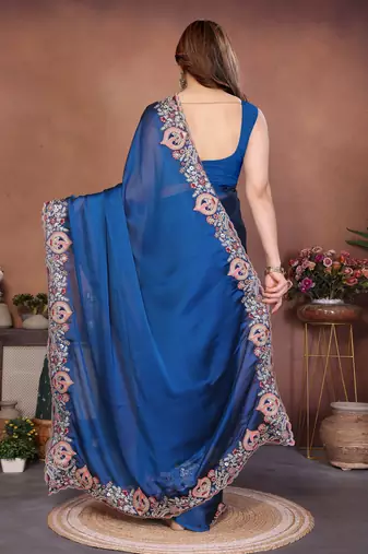 Lovable teal blue rangoli silk embroidery multy sequence work saree with mono banglory silk blouse