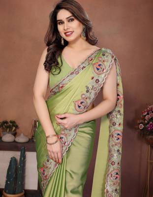 Adorable lime green rangoli silk embroidery multy sequence work saree with mono banglory silk blouse 2