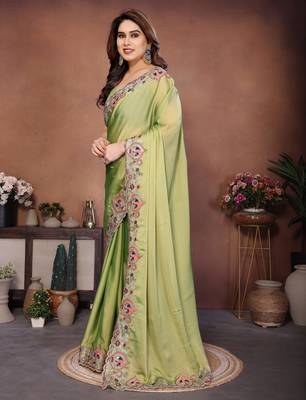 Adorable lime green rangoli silk embroidery multy sequence work saree with mono banglory silk blouse 3