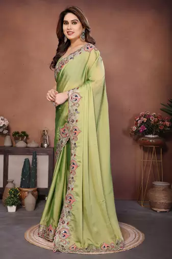 Adorable lime green rangoli silk embroidery multy sequence work saree with mono banglory silk blouse