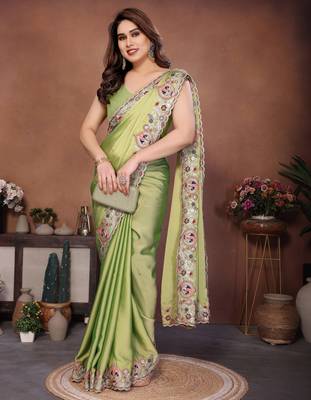 Adorable lime green rangoli silk embroidery multy sequence work saree with mono banglory silk blouse 4
