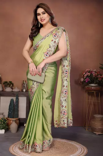 Adorable lime green rangoli silk embroidery multy sequence work saree with mono banglory silk blouse