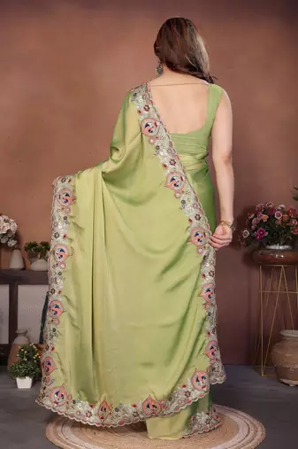 Adorable lime green rangoli silk embroidery multy sequence work saree with mono banglory silk blouse