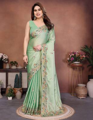 Prepossessing pista green frendy chiffon embroidery multi sequence work. saree with mono banglory silk blouse 1