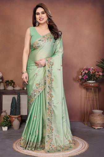 Prepossessing pista green frendy chiffon embroidery multi sequence work. saree with mono banglory silk blouse