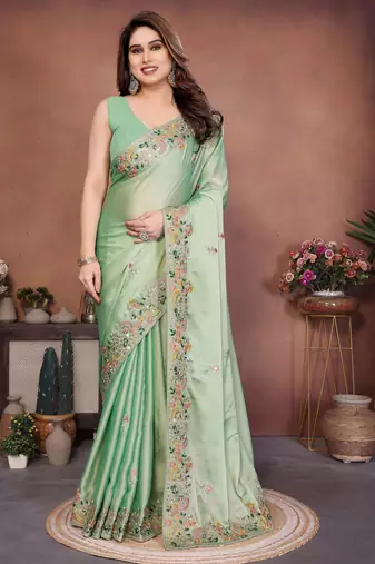 Prepossessing pista green frendy chiffon embroidery multi sequence work. saree with mono banglory silk blouse