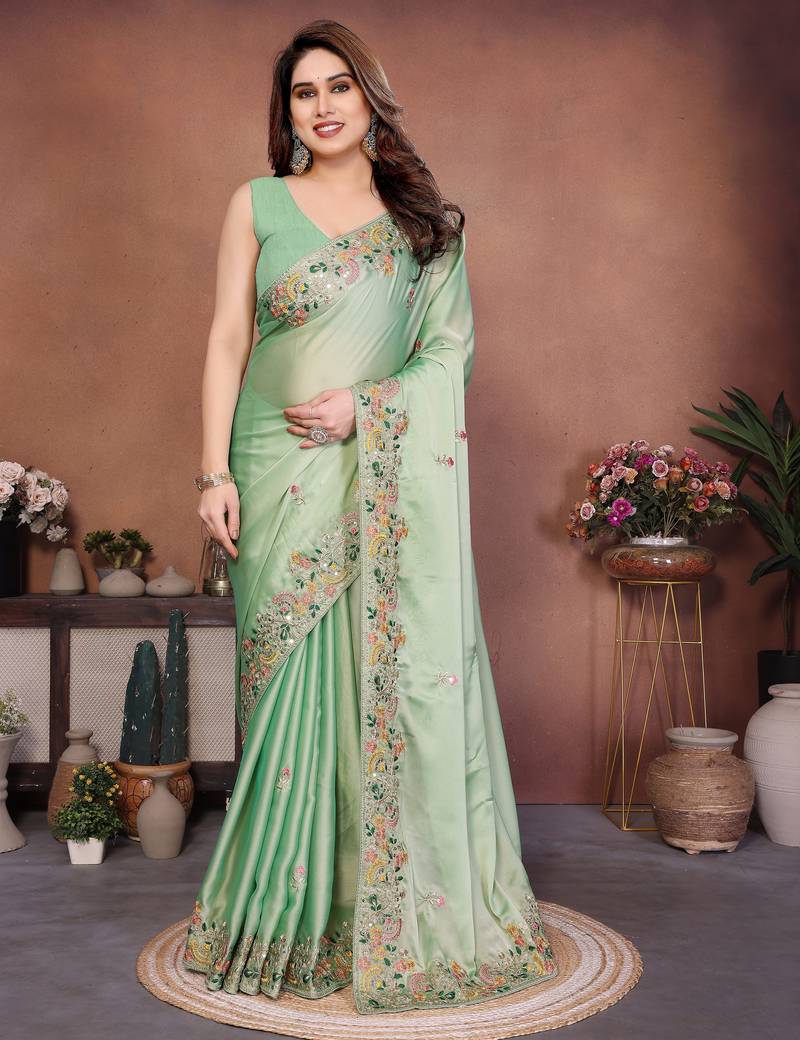 Prepossessing pista green frendy chiffon embroidery multi sequence work. saree with mono banglory silk blouse