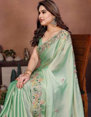 Prepossessing pista green frendy chiffon embroidery multi sequence work. saree with mono banglory silk blouse 2