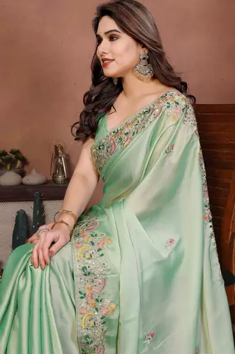 Prepossessing pista green frendy chiffon embroidery multi sequence work. saree with mono banglory silk blouse