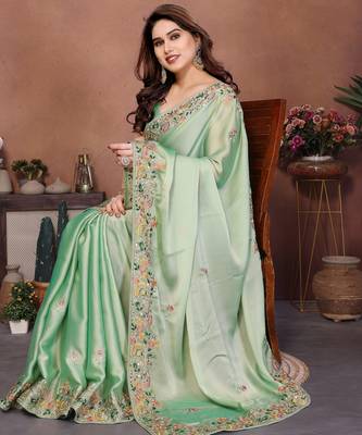 Prepossessing pista green frendy chiffon embroidery multi sequence work. saree with mono banglory silk blouse 3