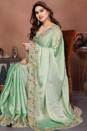 Prepossessing pista green frendy chiffon embroidery multi sequence work. saree with mono banglory silk blouse