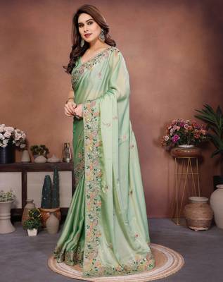 Prepossessing pista green frendy chiffon embroidery multi sequence work. saree with mono banglory silk blouse 4